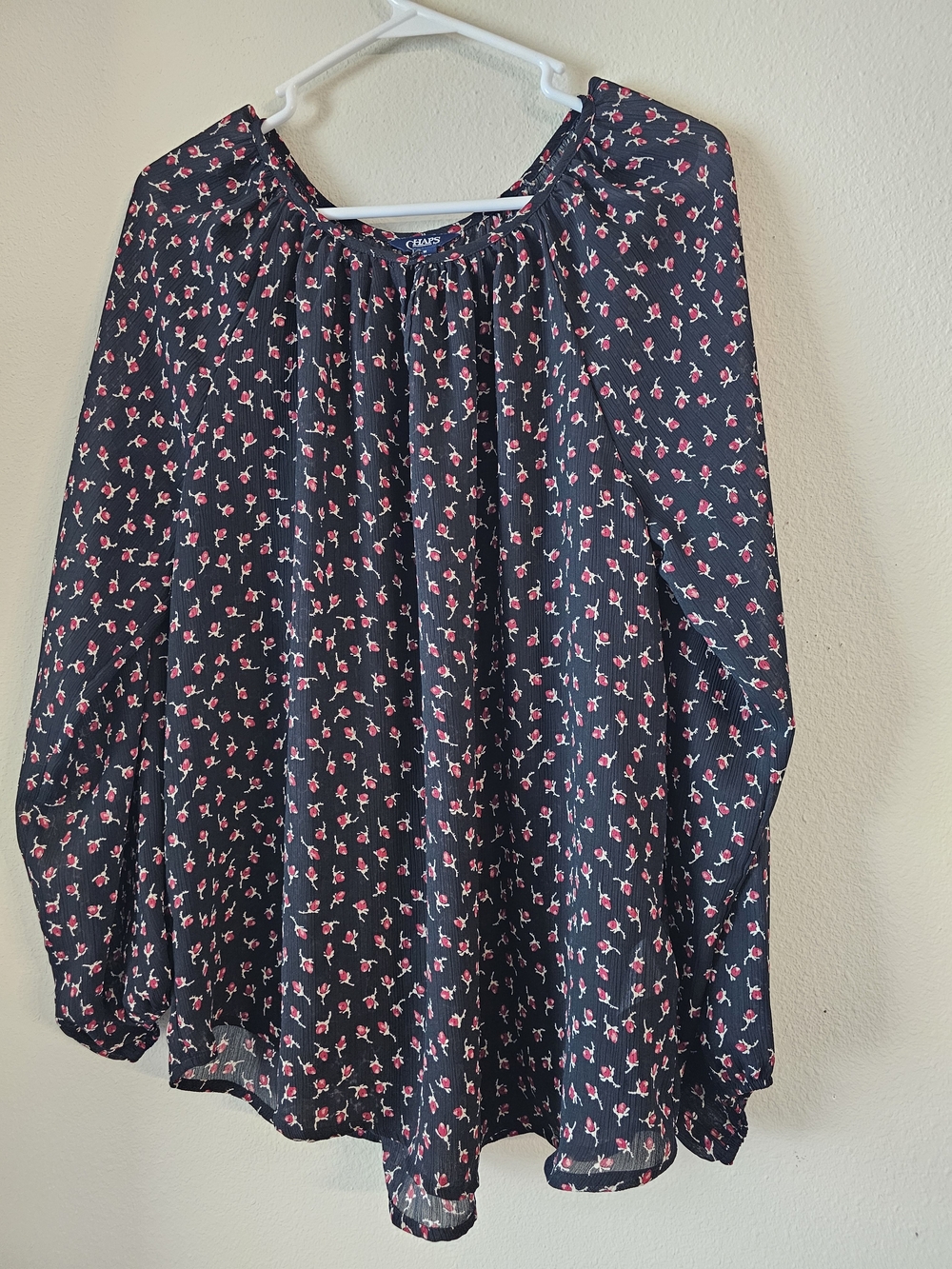 Chaps Black Blouse with Red Floral Print